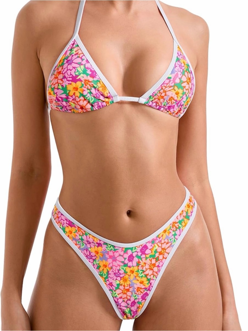 Floral Triangle Mid Rise Thong Bikini Y2K High Cut Pink Orange White Size Medium